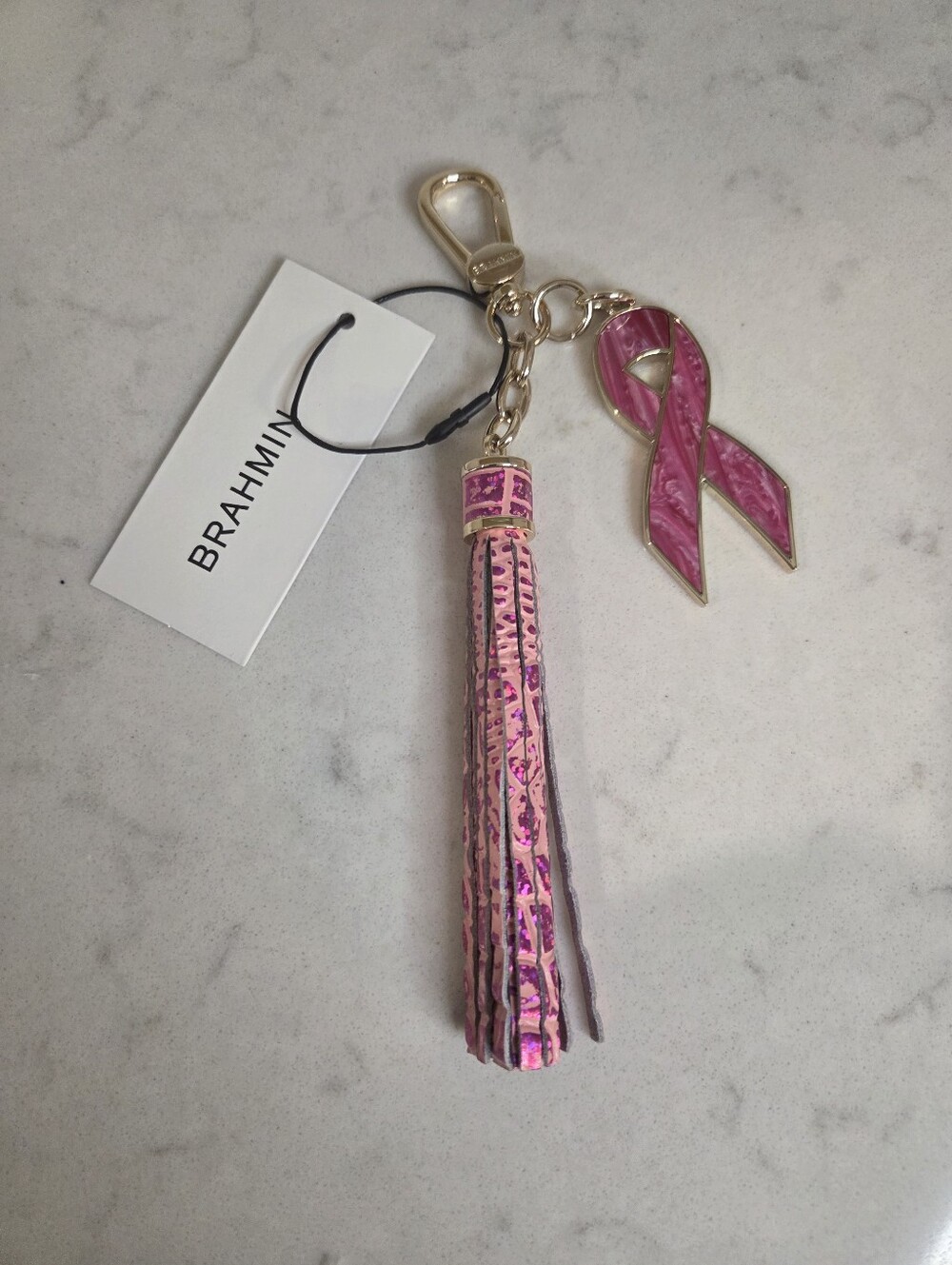 NWT Brahmin Empower Pink Hologram BCA Charm Tassel Breast Cancer Awareness